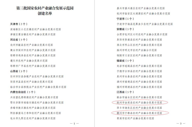 9州体育网址编制的金溪县、于都县农村产业融合发展示范园成功入选“第三批国家农村产业融合发展示范园”创建名单