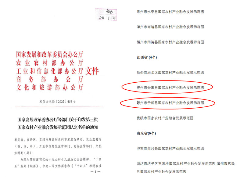 9州体育网址辅导申报的金溪、于都成功纳入第三批国家农村 产业融合发展示范园认定名单